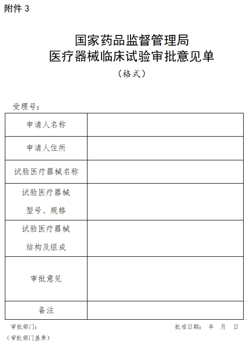 國家藥品監(jiān)督管理局醫(yī)療器械臨床試驗(yàn)審批意見單（格式）（2021年第121號）(圖1)